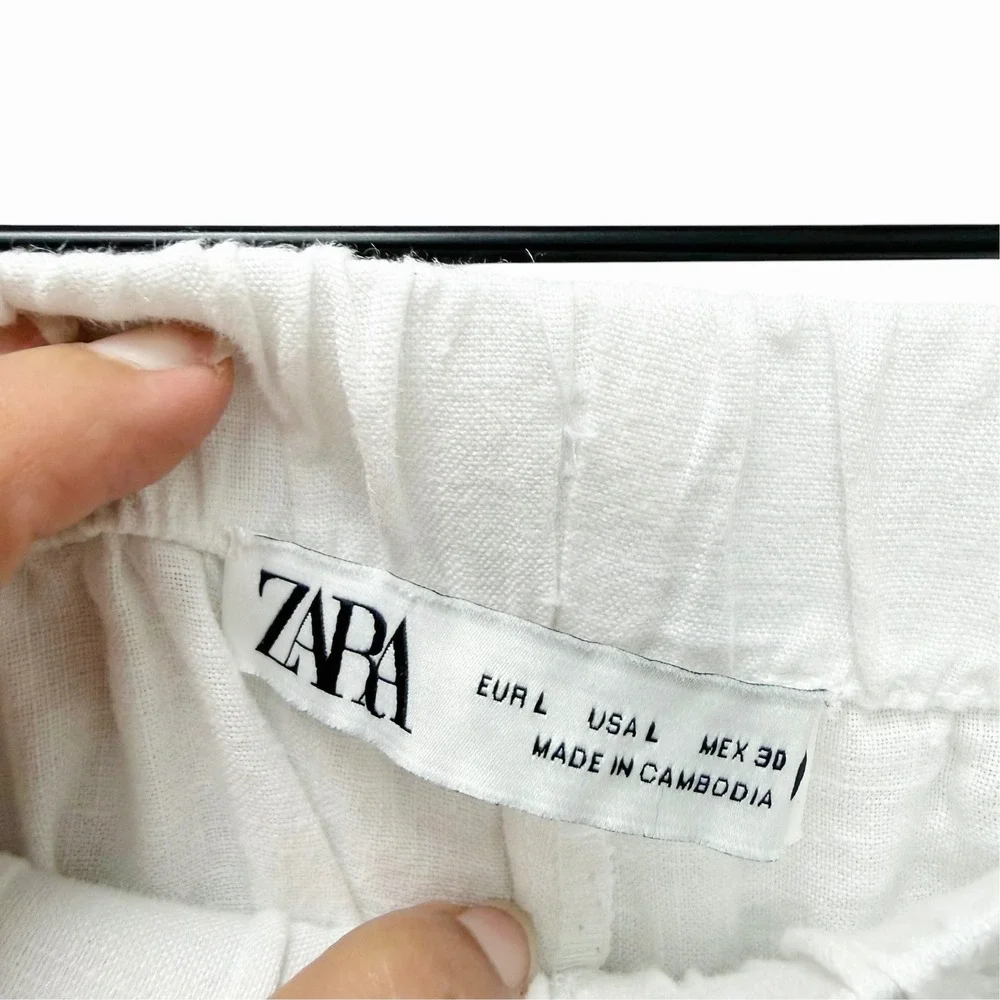 Zara White Linen Wide Leg Drawstring Pants Large Relaxed Beach Trousers Size L